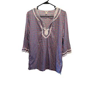 J Crew Geometric Printed Poplin V Neck Tunic Top Kafta Womens‎ Size Large Preppy